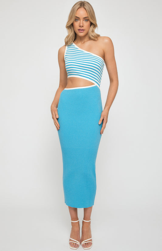 Samantha One Shoulder Stripe Midi Knit Dress in Sky Blue