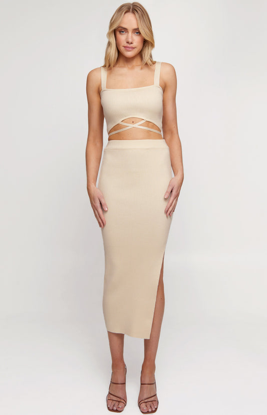 Debbie Knit Set with Cross Strap Detail in Cream